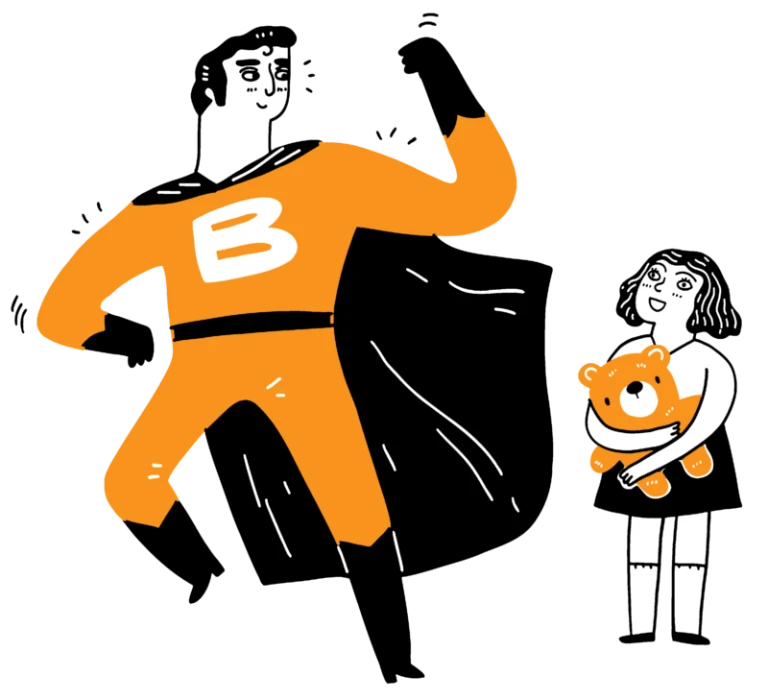 a little girl holding a tedding looking at a super hero
