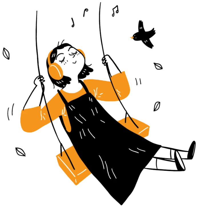 a girl on a swing with headphones on